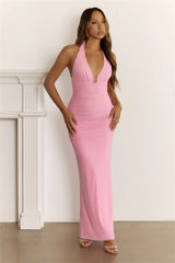 Sultry Ruched Halter Maxi Dress Pink