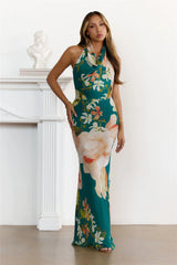 Dreamy Floral Cowl Neck Halter Maxi Dress Green
