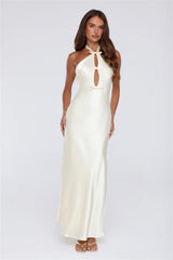 Sleek Halter Neck Cutout Satin Maxi Dress Yellow