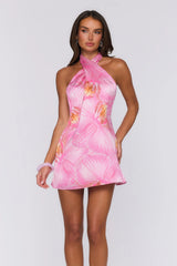 Softest Bloom Halter Satin Mini Dress Pink Orchid