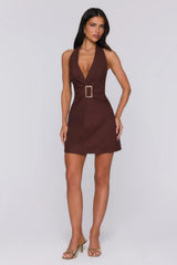 Just Enough Attitude Halter Mini Dress Brown