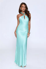 Rule Her World Halter Satin Maxi Dress Aqua