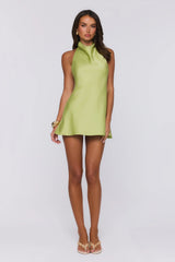 Power Walk Satin Halter Mini Dress Lime Green