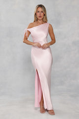 The Clover Off Shoulder Satin Maxi Dress Light Pink