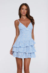 Clean Silhouette Embroidered Mini Dress Blue