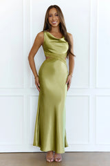 City Silhouette Satin Maxi Dress Olive