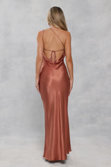 The Evangeline One Shoulder Satin Maxi Dress Bronze
