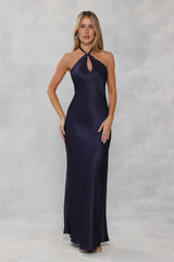 The Delilah Satin Halter Maxi Dress Navy