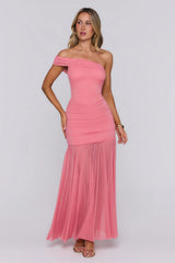 Moonlit Whisper One Shoulder Mesh Maxi Dress Pink