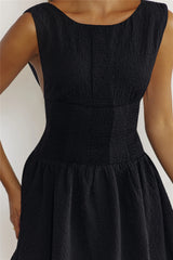 Textured Open Back Polka Dot Bow Mini Dress Black