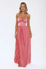 Sassy Sunshine Satin Pleated Strapless Maxi Dress Rose