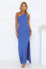 Sunlit Whimsy One Shoulder Ribbed Maxi Dress Blue
