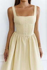 Chic Pleated Corset Bodice Midi Dress Yellow