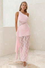 Passion Love One Shoulder Mesh Lace Maxi Dress Pink