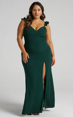 More Than This Maxi Dress - Ruffle Strap Thigh Split Dress in Emerald