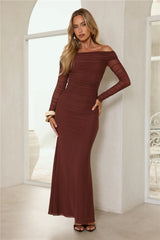 Glam Mesh Off-Shoulder Maxi Dress Rust