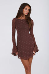 Sunset Season Long Sleeve Polka Dot Mini Dress Brown