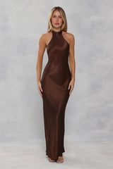 The Cleo Halter Satin Maxi Dress Chocolate Brown
