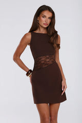 Sleek Lace Panel Bodycon Mini Dress Brown