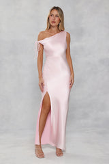 The Clover Off Shoulder Satin Maxi Dress Light Pink