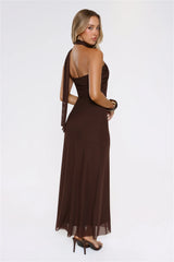 Evening Allure Mesh Strapless Maxi Dress Brown