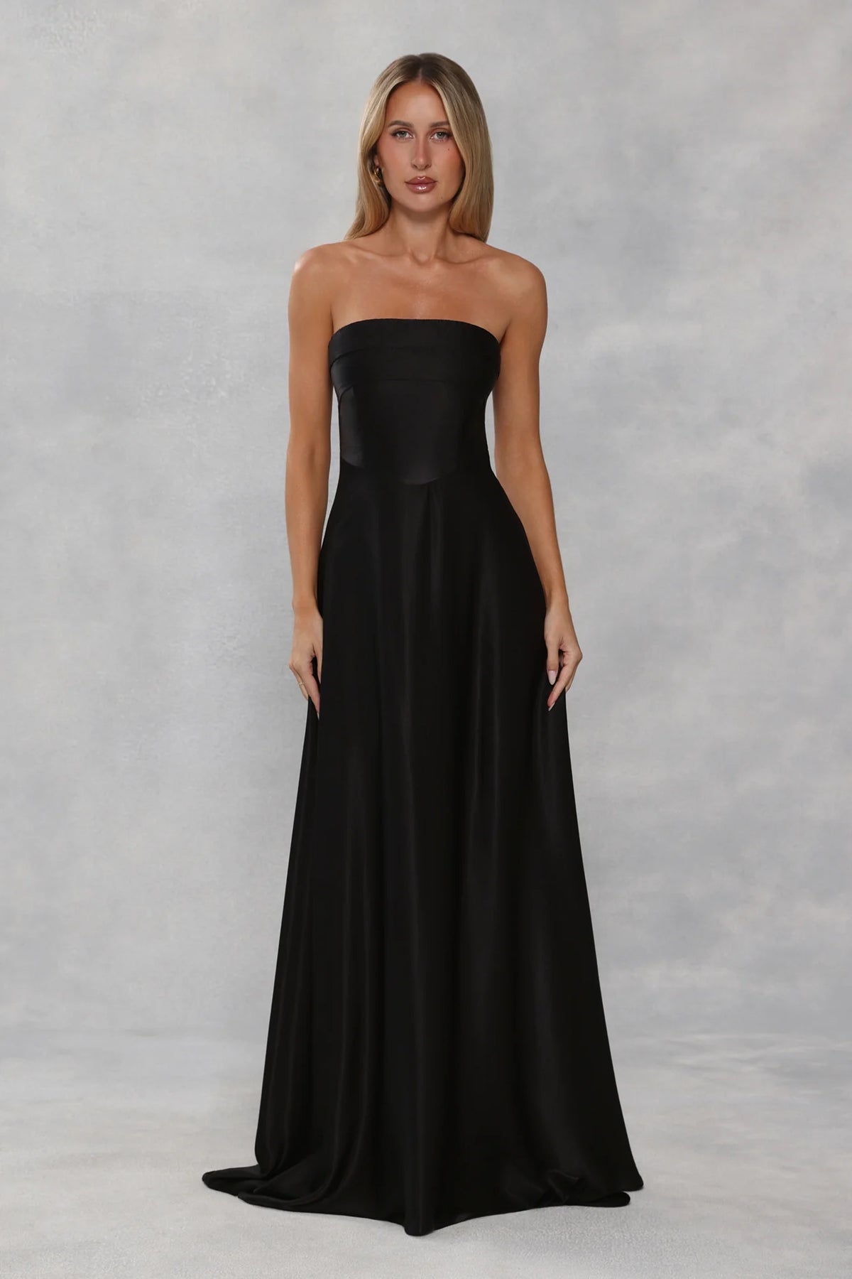 The Serina Strapless Satin Maxi Dress Black