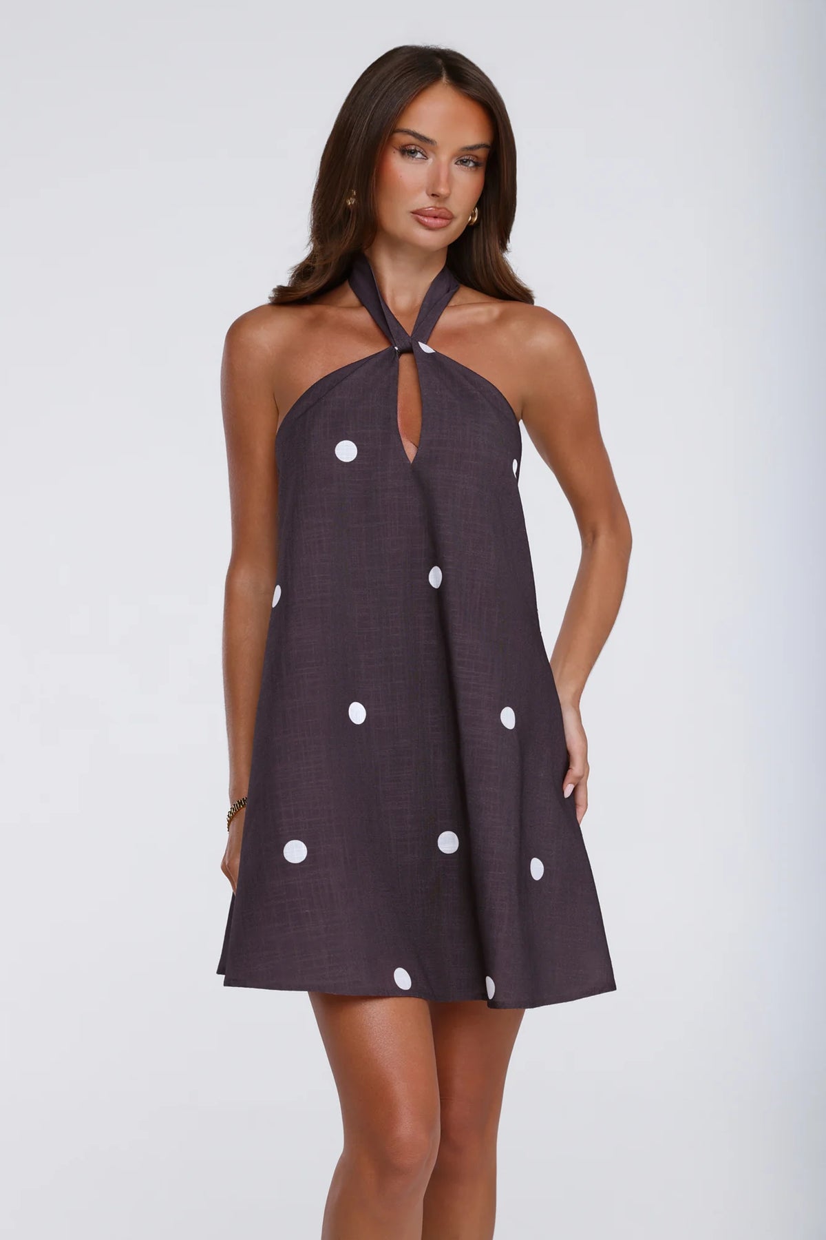 Starry Muse Polka Dot Halter Mini Dress Brown