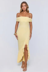 Daily Glow Off Shoulder Mesh Midi Dress Yellow