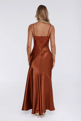 Sultry Horizon Satin Lace Maxi Dress Brown
