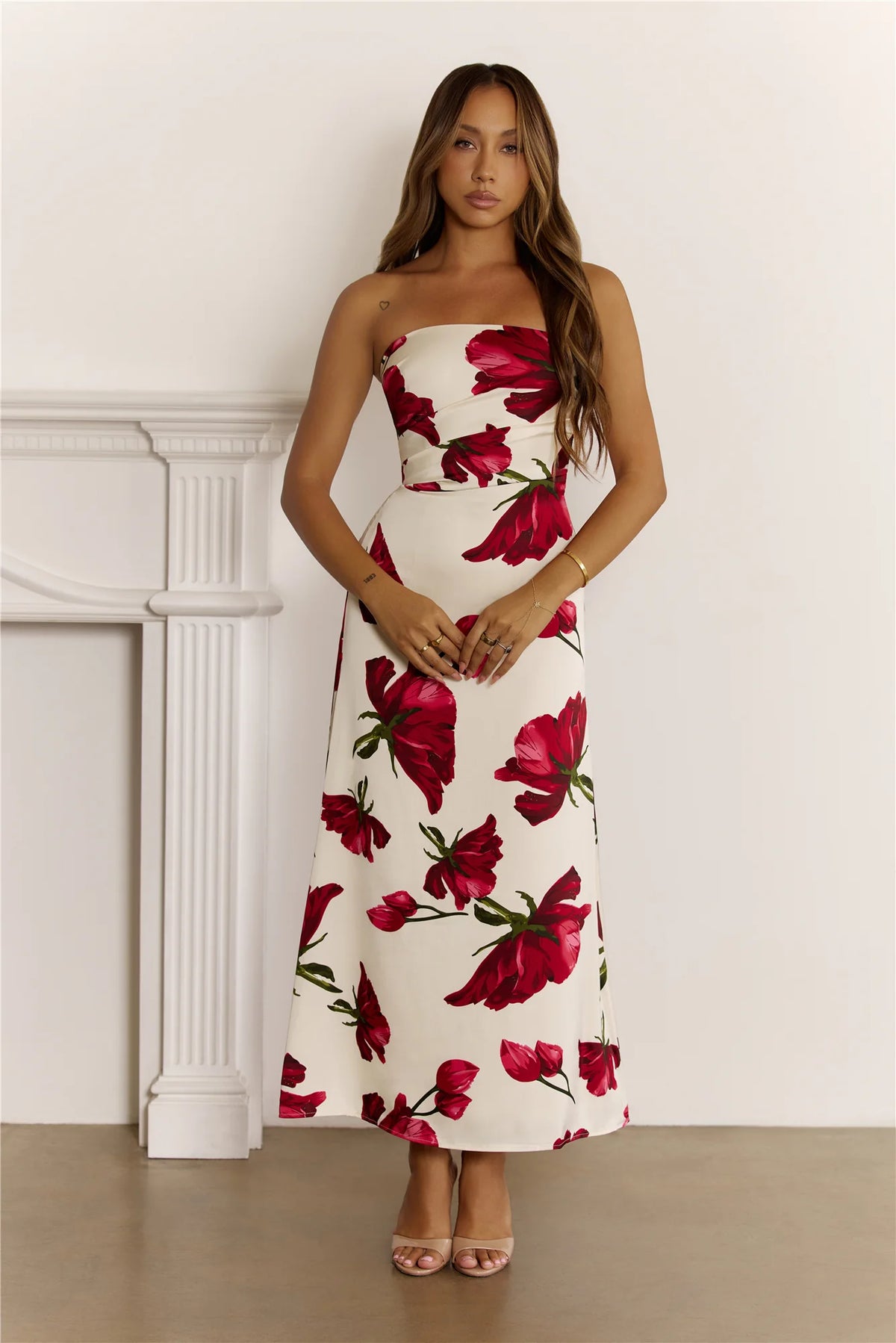 Floral Satin Strapless Folded Maxi Dress Red