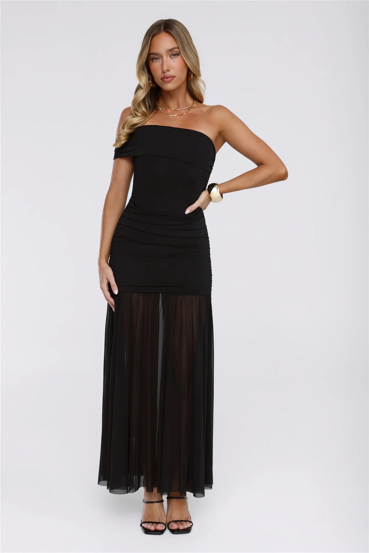 Moonlit Whisper One Shoulder Mesh Maxi Dress Black