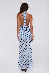 Dancefloor Diaries Halter Polka Dot Maxi Dress Blue