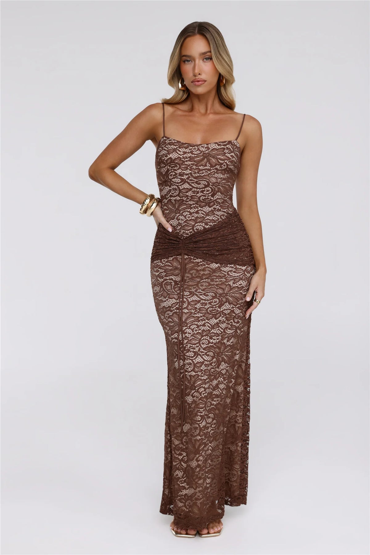 Pretty Clubhouse Lace Maxi Dress Brown