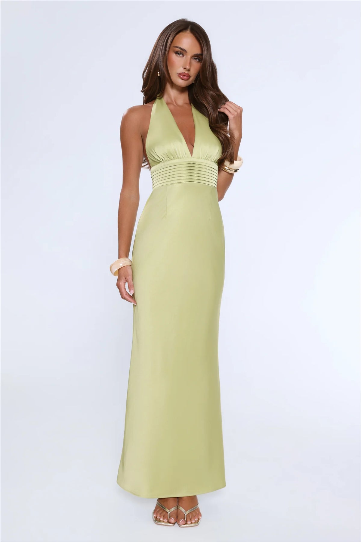 The Evening Standard Halter Satin Maxi Dress Green