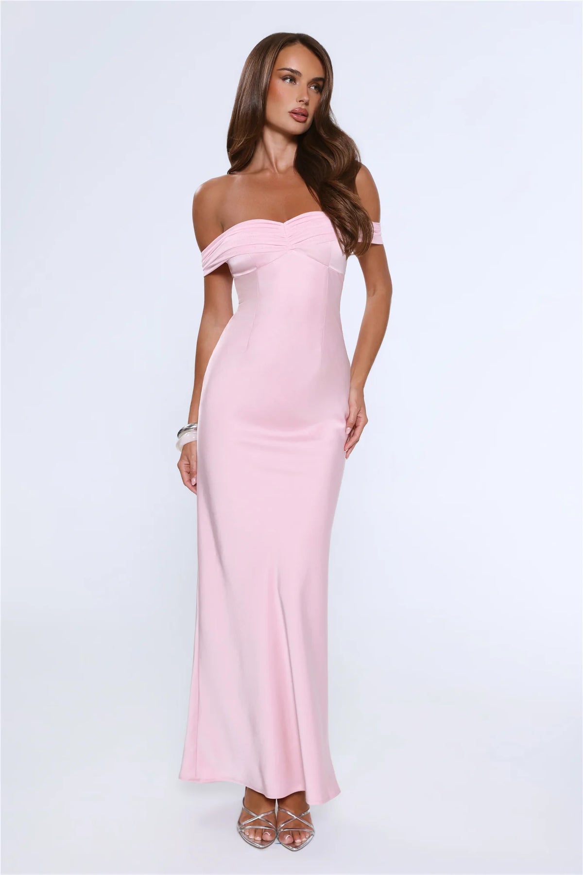 The Sophisticate Off Shoulder Maxi Dress Pink