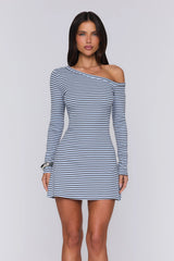 BASE Luxe Rib Off Shoulder Long Sleeve Mini Dress Blue Brown Stripe