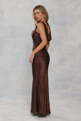 The Loretta Cowl Satin Maxi Dress Chocolate Brown