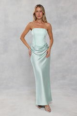 Dressed To Dazzle Strapless Satin Maxi Dress Sage