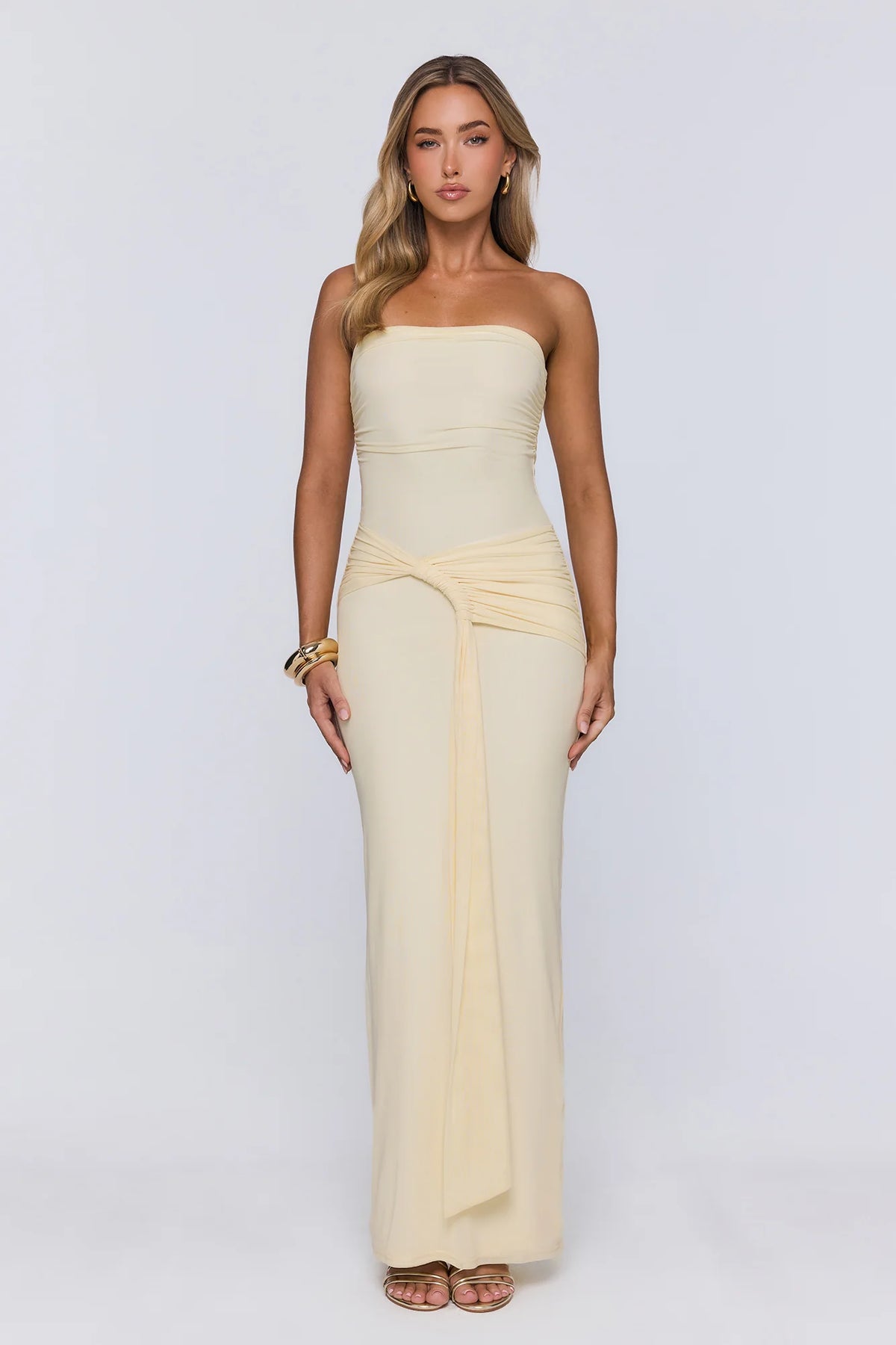 Gentle Statement Mesh Strapless Maxi Dress Yellow