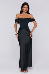 Evening Muse Off Shoulder Mesh Maxi Dress Black