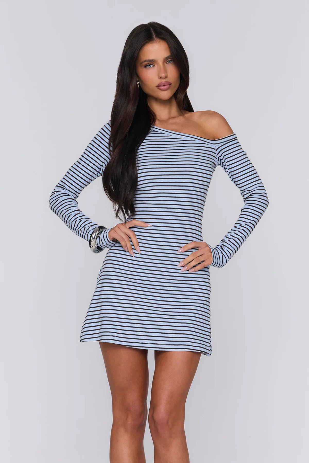 BASE Luxe Rib Off Shoulder Long Sleeve Mini Dress Blue Brown Stripe