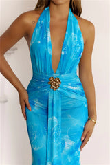 Pretty Wins Halter Mesh Maxi Dress Blue