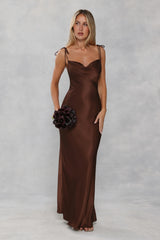 The Penelope Cowl Satin Maxi Dress Chocolate Brown