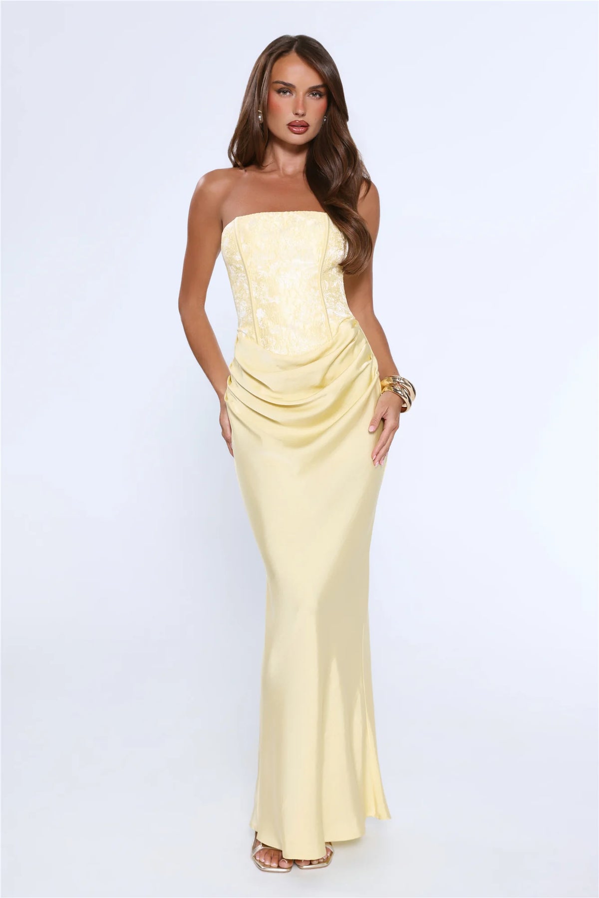 Dressed To Dazzle Strapless Satin Maxi Dress Yellow