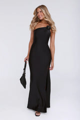 Honeytusk Satin One Shoulder Maxi Dress Black