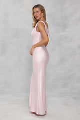 The Clover Off Shoulder Satin Maxi Dress Light Pink