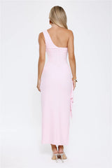 Chic One Shoulder Ruched Drape Maxi Dress Pink