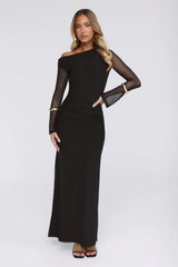 Effortlessly Influential Off Shoulder Mesh Long Sleeve Maxi Dress Black