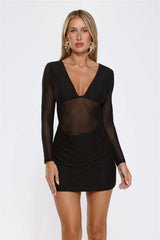 Secret Thoughts Long Sleeve Mesh Mini Dress Black