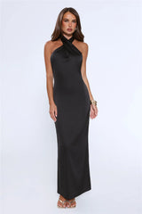 Outfit Energy Satin Halter Maxi Dress Black